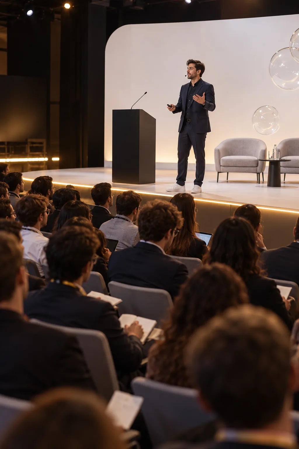 Uno speaker sul palco della Sala Plenaria davanti al pubblico