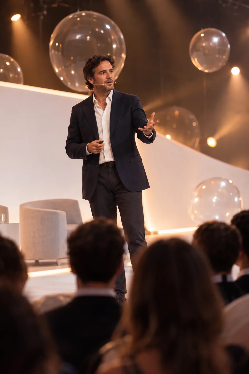 Uno speaker parla al pubblico sul palco di Money Matters
